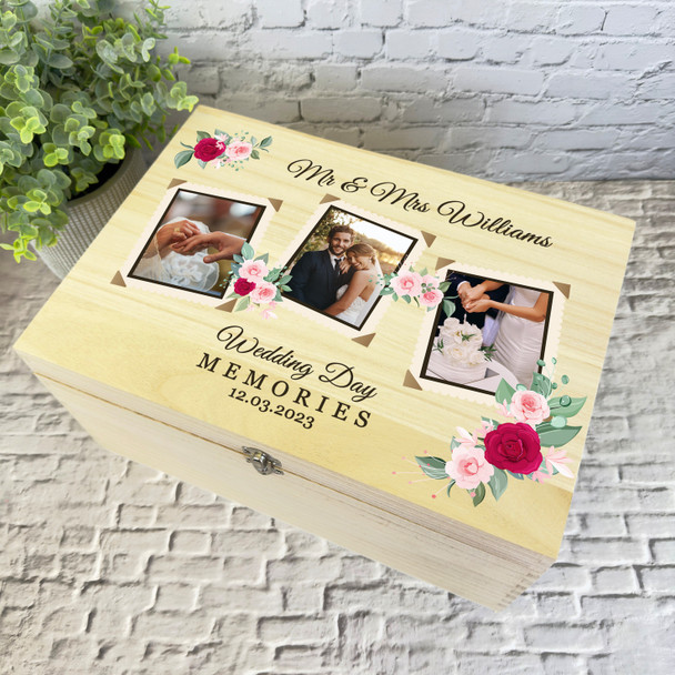 Floral Retro Photo Frames Wedding Day Personalised Wooden Memory Keepsake Box