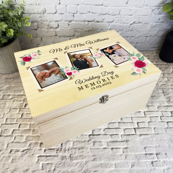 Floral Retro Photo Frames Wedding Day Personalised Wooden Memory Keepsake Box