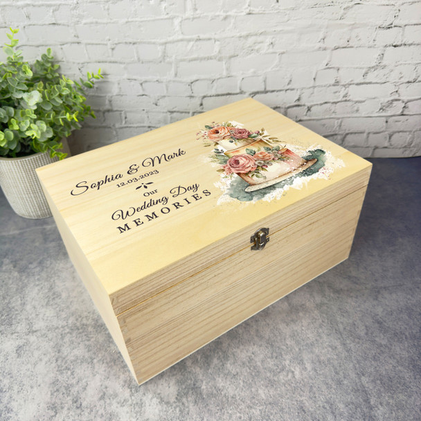 Watercolour Floral Wedding Cake Wedding Day Personalised Wooden Keepsake Box