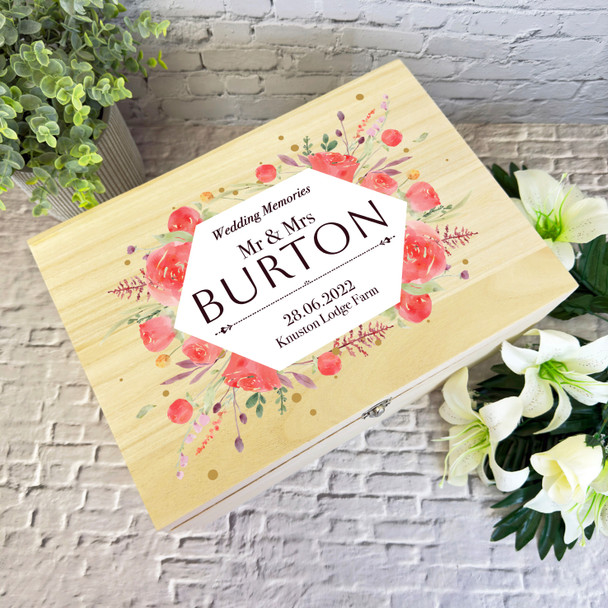 Watercolour Red Floral Memories Wedding Day Personalised Wooden Keepsake Box