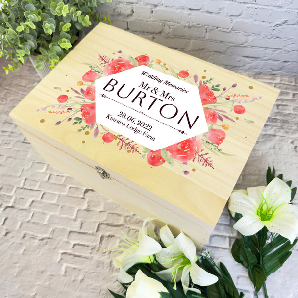 Watercolour Red Floral Memories Wedding Day Personalised Wooden Keepsake Box