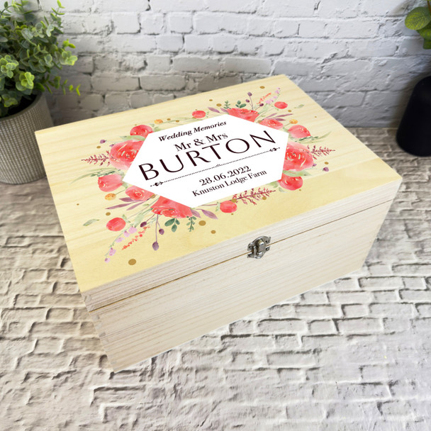 Watercolour Red Floral Memories Wedding Day Personalised Wooden Keepsake Box