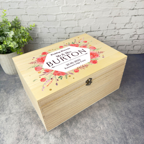 Watercolour Red Floral Memories Wedding Day Personalised Wooden Keepsake Box