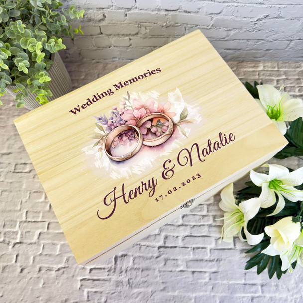 Watercolour White Wedding Rings Wedding Day Personalised Wooden Keepsake Box