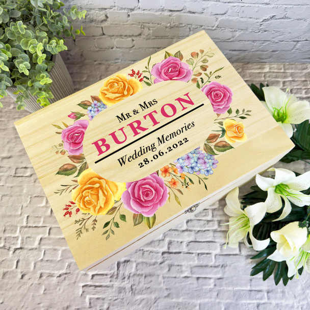 Pink And Yellow Memories Wedding Day Personalised Wooden Memory Keepsake Box