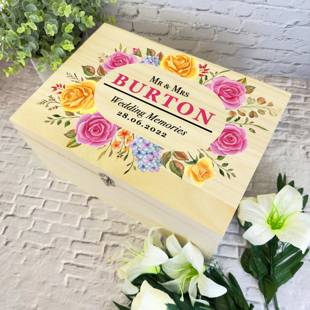 Pink And Yellow Memories Wedding Day Personalised Wooden Memory Keepsake Box