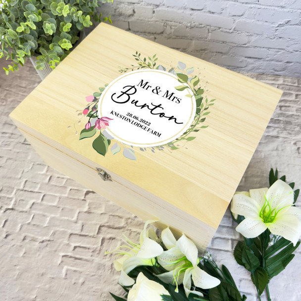 Pink Green Floral Wreath Wedding Day Personalised Wooden Memory Keepsake Box