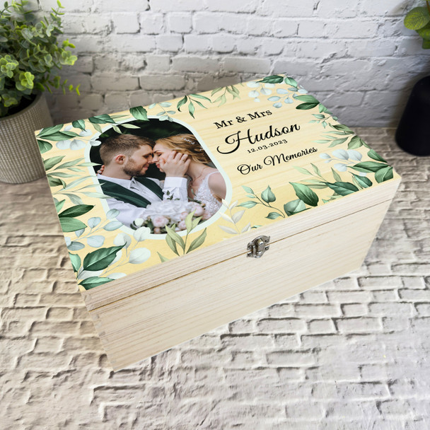 Watercolour Green Leaves Wedding Day Personalised Wooden Memory Keepsake Box