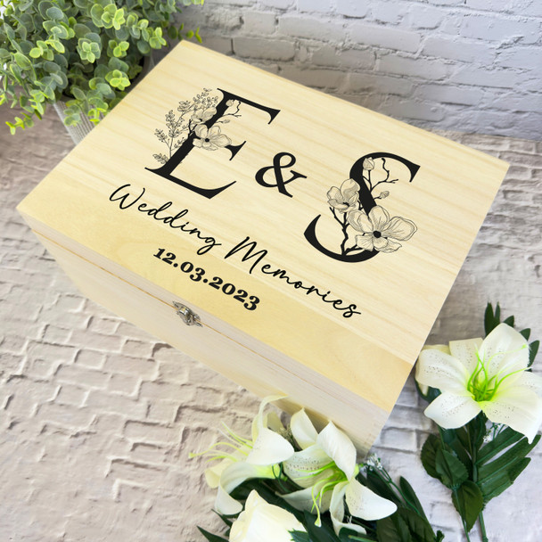 Black Floral Initials Wedding Day Memories Personalised Wooden Keepsake Box