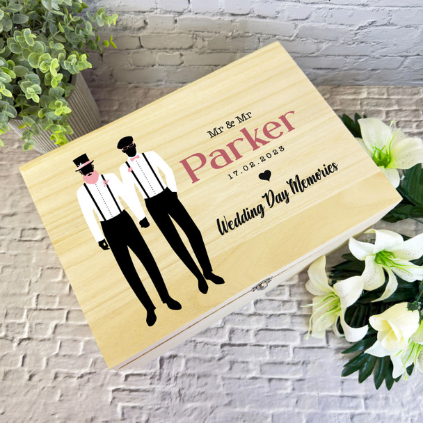 Gay Groom Couple Memories LBGT Wedding Day Personalised Wooden Keepsake Box