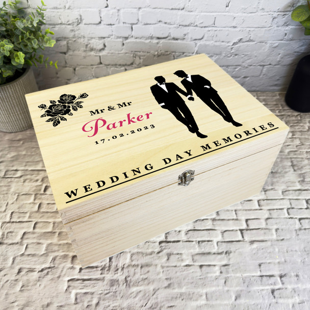 Gay Groom LBGT Couple Memories Wedding Day Personalised Wooden Keepsake Box