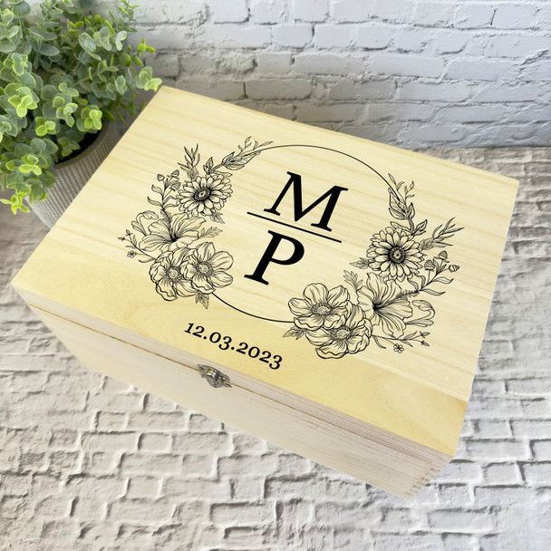 Floral Black Wedding Monogram Wedding Day Personalised Wooden Keepsake Box