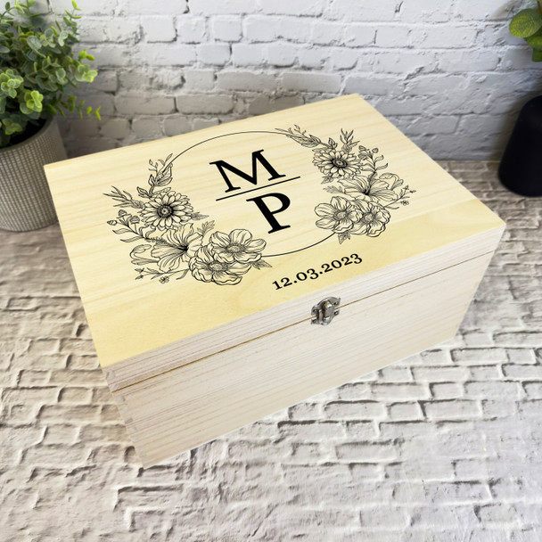 Floral Black Wedding Monogram Wedding Day Personalised Wooden Keepsake Box