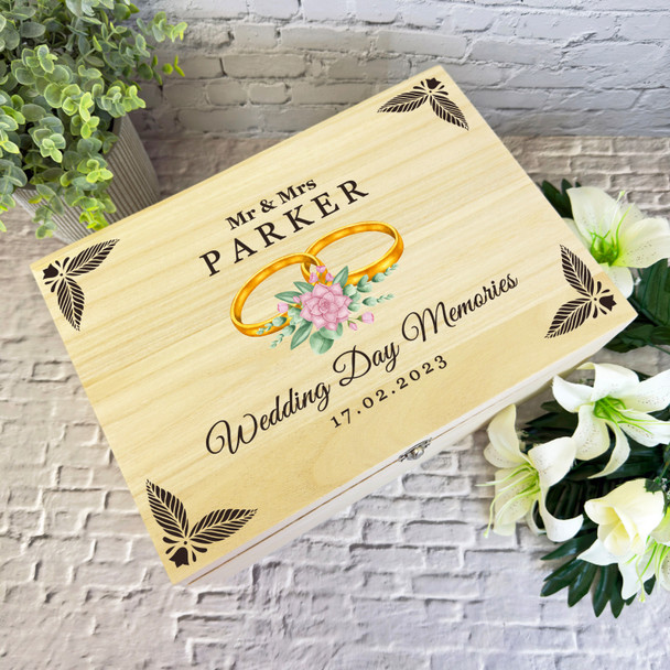 Floral Wedding Rings Memories Wedding Day Personalised Wooden Keepsake Box