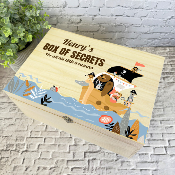 Animals Pirates Ship Kids Box Of Secrets Personalised Wooden Memory Keepsake Box