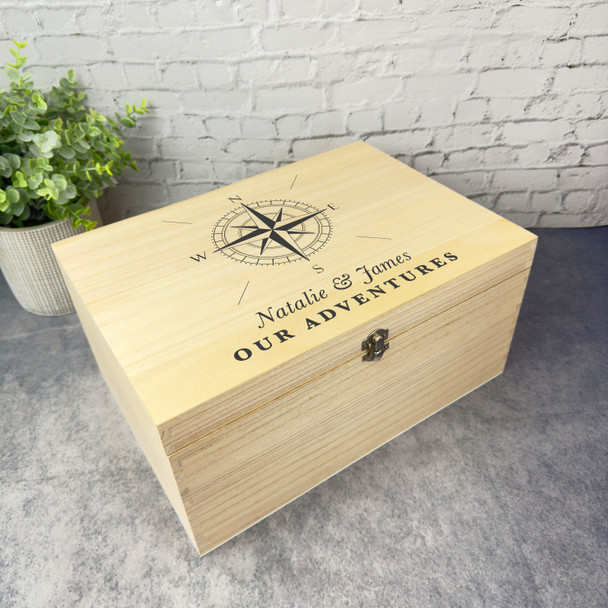 Compass Our Adventures Travelling Couple Personalised Wooden Memory Keepsake Box