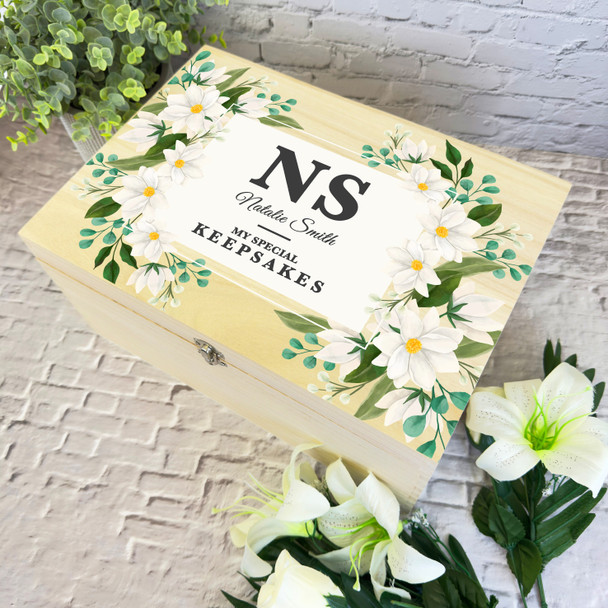 White Watercolour Floral Special Personalised Storage Wooden Memory Keepsake Box