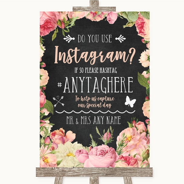Chalkboard Style Pink Roses Instagram Photo Sharing Personalised Wedding Sign