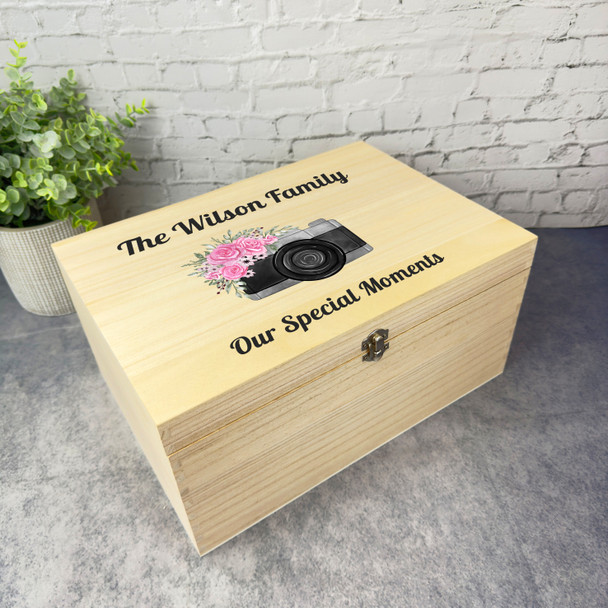 Watercolour Floral Photo Camera Photos Personalised Wooden Keepsake Storage Box