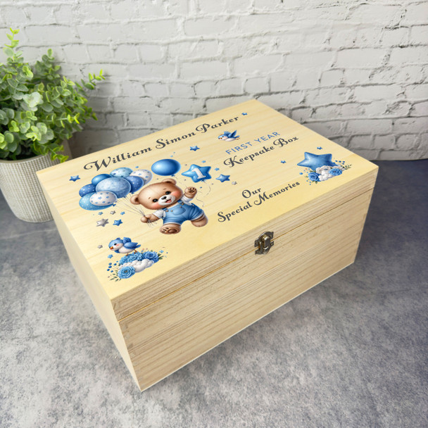 Blue Teddy Bear Boys 1st Year Special Memories Personalised Wooden Keepsake Box