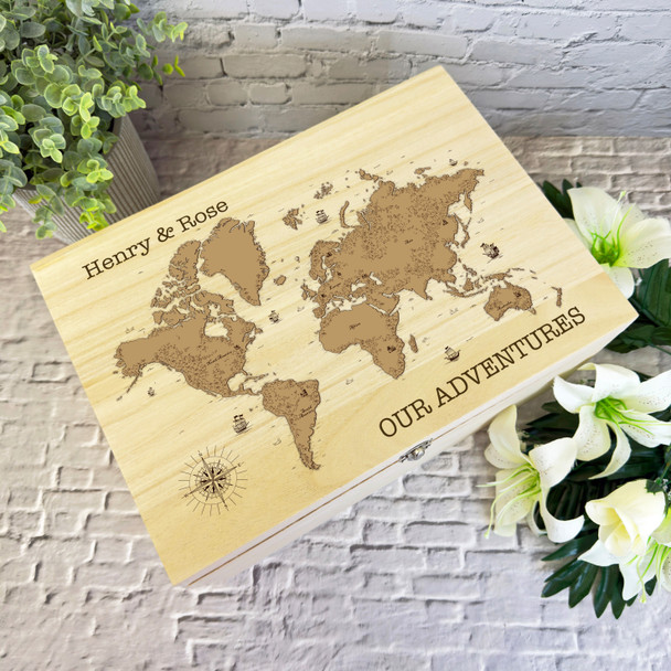 Retro World Map Our Adventures Couple Travels Personalised Wooden Keepsake Box