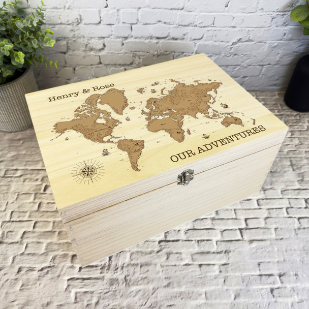 Retro World Map Our Adventures Couple Travels Personalised Wooden Keepsake Box