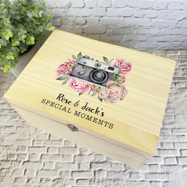 Pink Photo Camera Special Moments Personalised Wooden Photo Keepsake Box