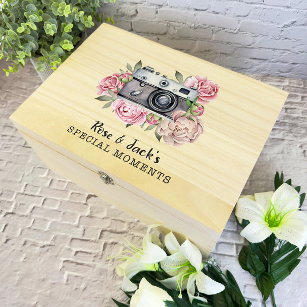 Pink Photo Camera Special Moments Personalised Wooden Photo Keepsake Box