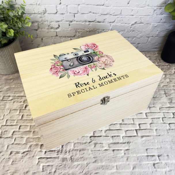 Pink Photo Camera Special Moments Personalised Wooden Photo Keepsake Box