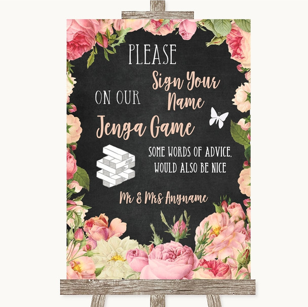 Chalkboard Style Pink Roses Jenga Guest Book Personalised Wedding Sign