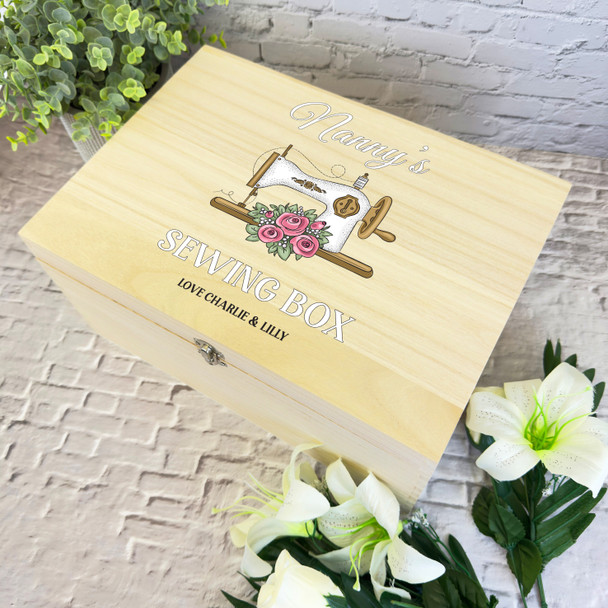 Floral Retro Sewing Machine Hobby Personalised Wooden Craft Sewing Box