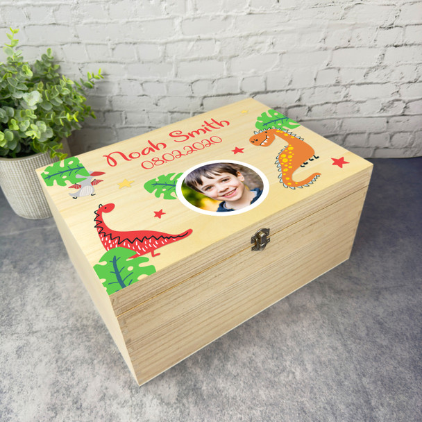 Boy Dinosaur Memory Photo Red Orange Personalised Storage Wooden Keepsake Box