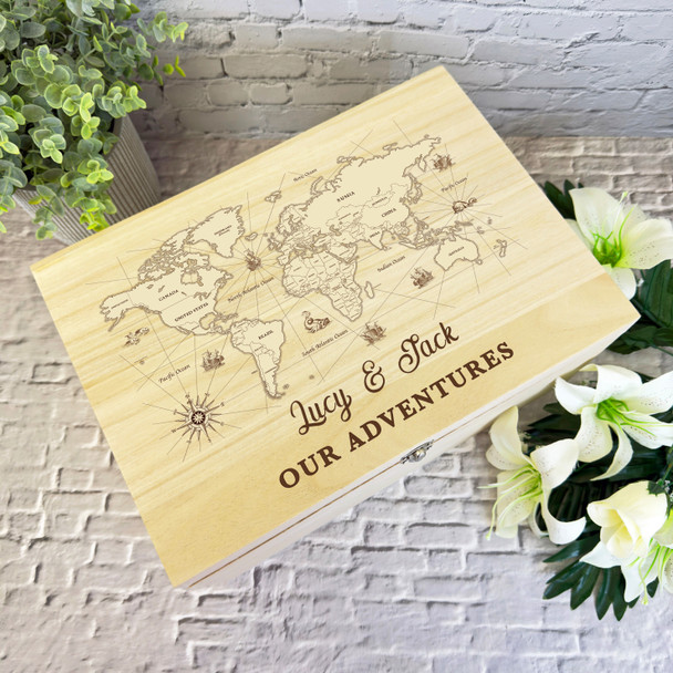 World Map Our Adventures Travelling Personalised Wooden Keepsake Storage Box