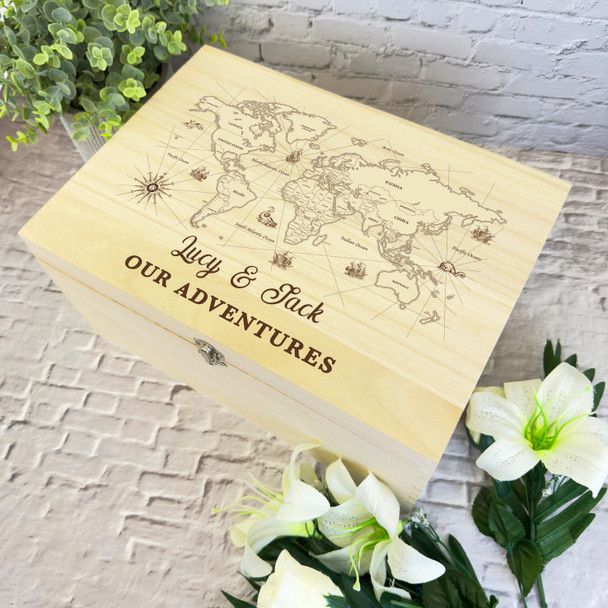 World Map Our Adventures Travelling Personalised Wooden Keepsake Storage Box