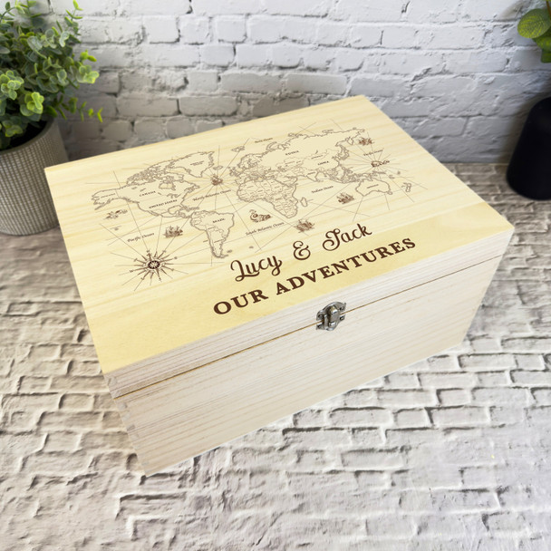 World Map Our Adventures Travelling Personalised Wooden Keepsake Storage Box