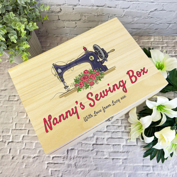 Pink Navy Retro Sewing Machine Box Personalised Wooden Keepsake Storage Box