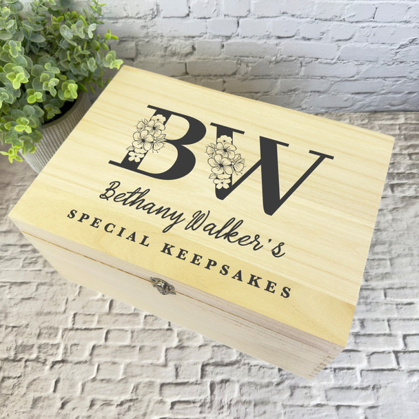 Black Floral Initials Special Personalised Wooden Keepsake Storage Box