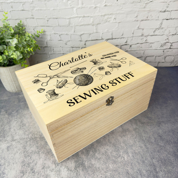 Retro Sewing Accessories Personalised Wooden Keepsake Storage Box