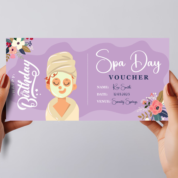 Purple Background Floral Spa Day Women Personalised Surprise Ticket Gift Voucher