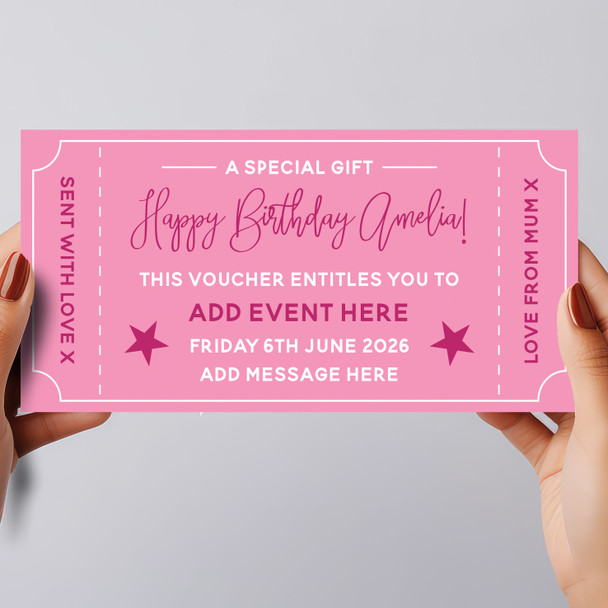 Happy Birthday Any Event Pink Special Personalised Surprise Ticket Gift Voucher