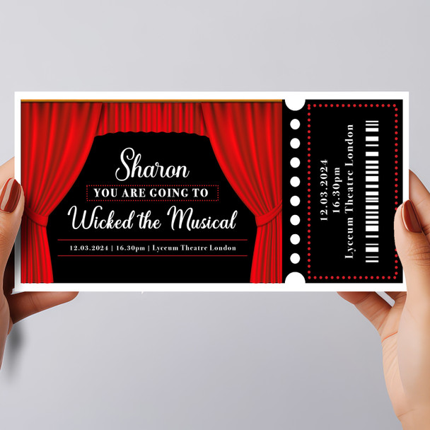 Red Theatre Curtain Any Show Or Event Personalised Surprise Ticket Gift Voucher