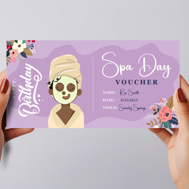 Purple Floral Spa Day Dark Skin Women Personalised Surprise Ticket Gift Voucher