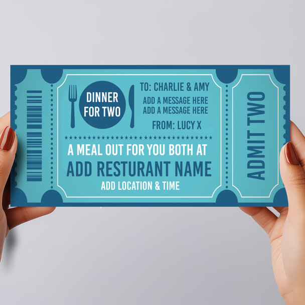 Dinner For Two Gift Blue Any Occasion Personalised Surprise Ticket Gift Voucher