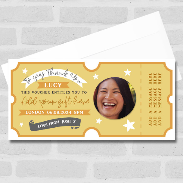 Say Thank You Gift Yellow Star Photo Personalised Surprise Ticket Gift Voucher