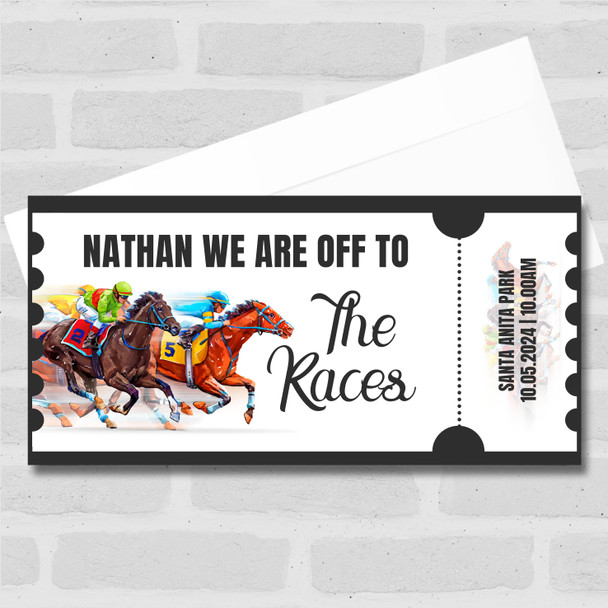 Racing Horses We're Off To The Races Personalised Surprise Ticket Gift Voucher