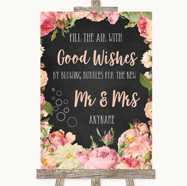 Chalkboard Style Pink Roses Blow Bubbles Personalised Wedding Sign