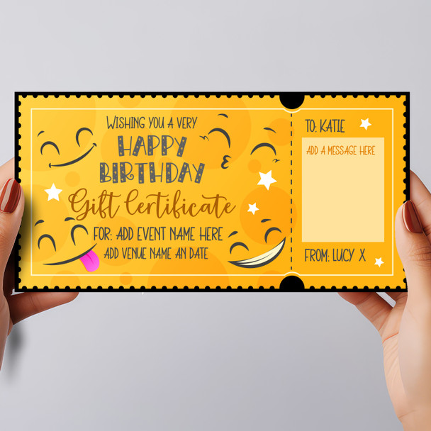 Birthday Gift Any Gift Yellow Smiles Personalised Surprise Ticket Gift Voucher