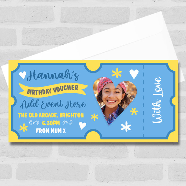 Blue Birthday Voucher Photo Any Gift Personalised Surprise Ticket Gift Voucher