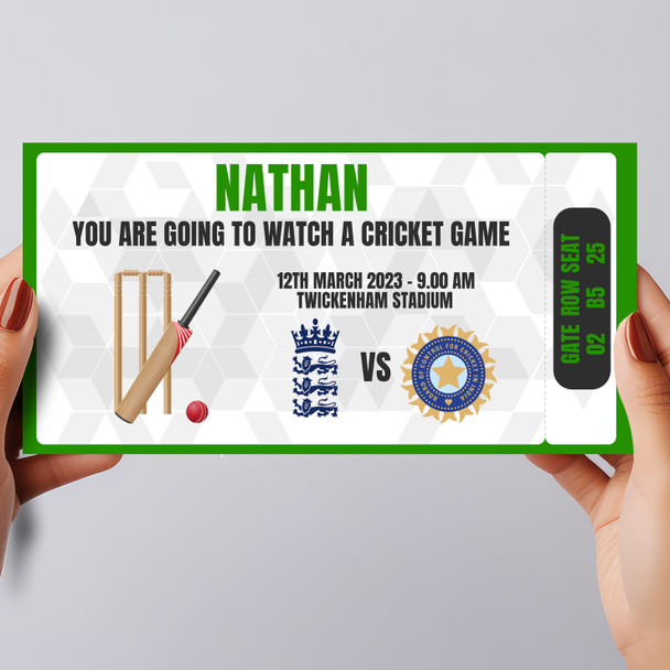 Cricket Game Elements Any Match Gift Personalised Surprise Ticket Gift Voucher