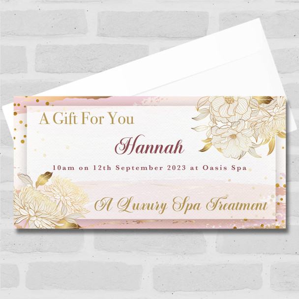 Gold Peach Pink Floral Spa Treatment Personalised Surprise Ticket Gift Voucher